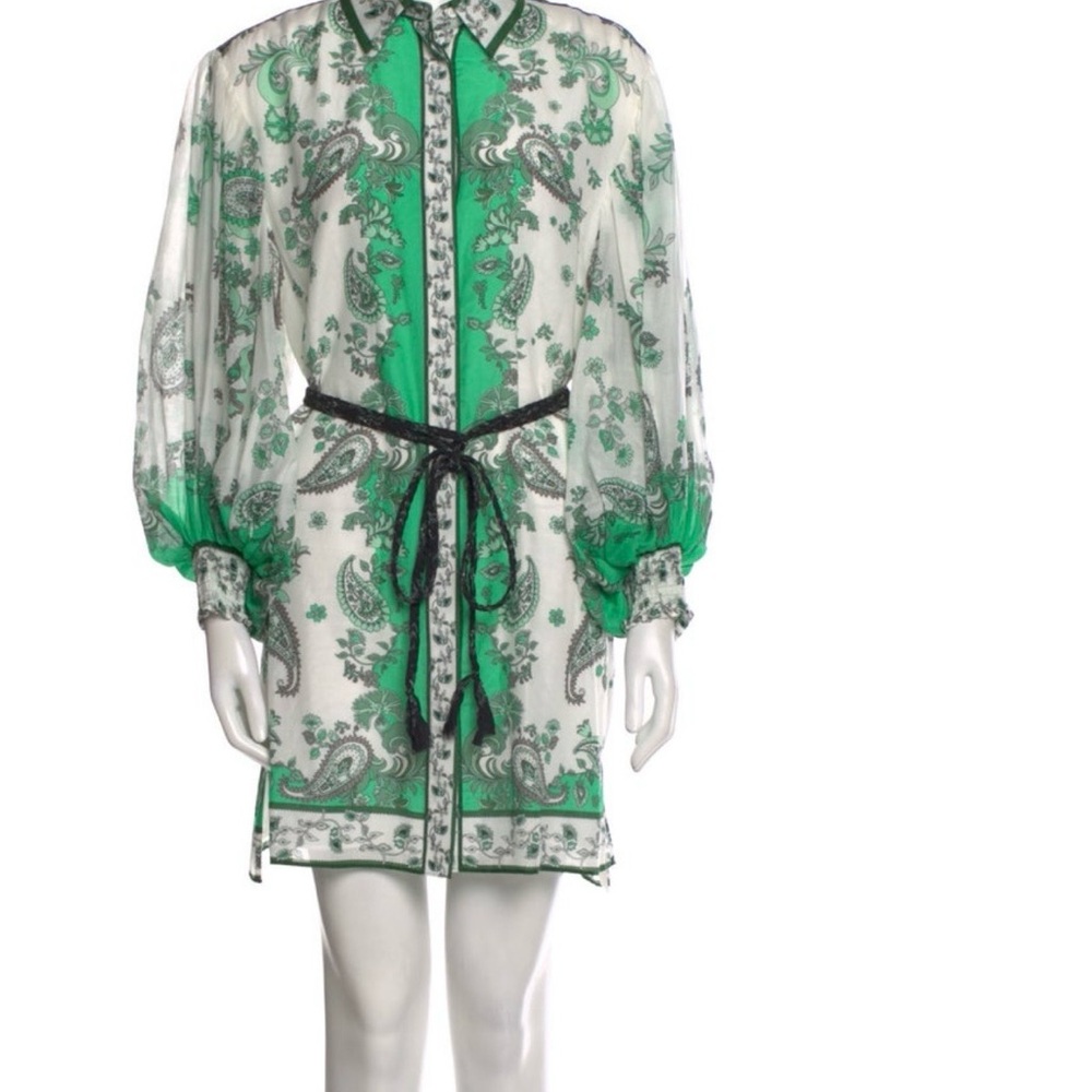Alice + Olivia Green and White Paisley Long Sleeve Dress